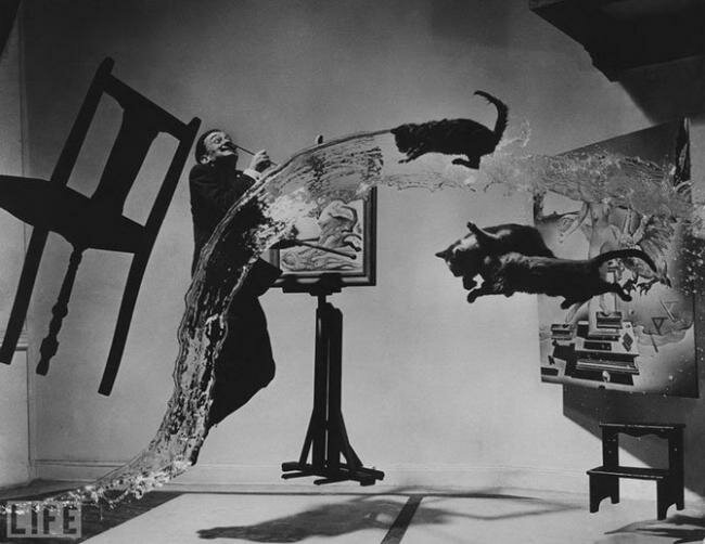 «Dali Atomicus». Philippe Halsman, 1948 Шесть часов и 28 бросков (воды, стула и трех кошек). По словам фотографа, «его помощники и он были мокрыми, грязными и почти полностью истощенными», когда наконец снимок удался.